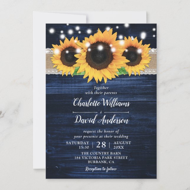 Rustic Sunflower and Navy Blue Wedding Invitations (Front)