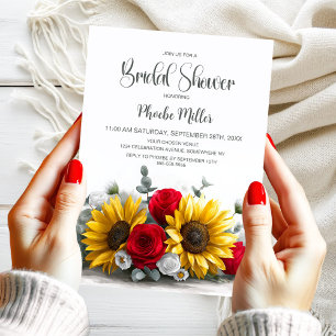 Rustic Sunflower and Red Rose Floral Bridal Shower Invitation