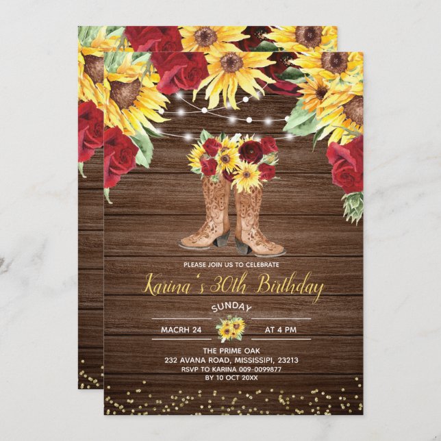 Rustic Sunflower and Roses boots Birthday Invitation (Front/Back)