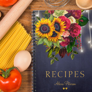 Rustic sunflower and roses navy kitchen recipes notebook