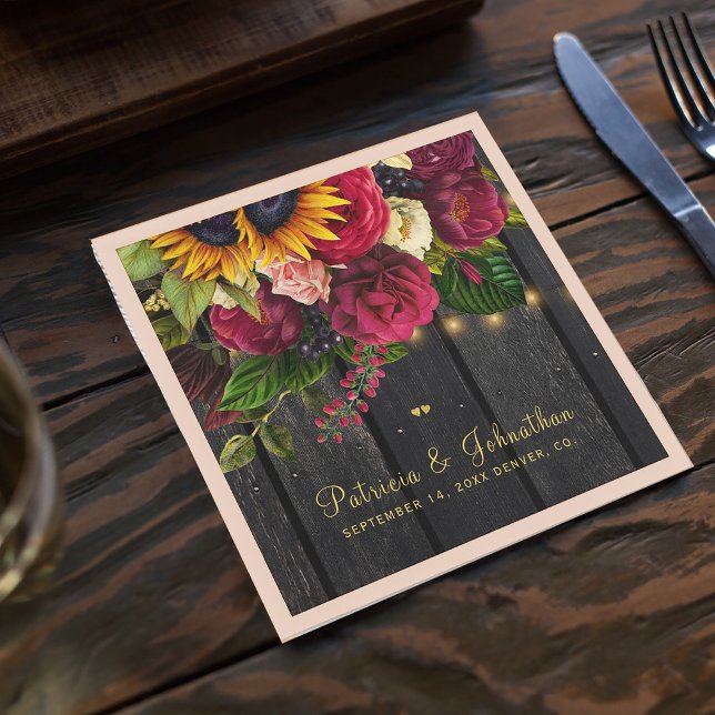 Rustic sunflower and roses personalised wedding napkin (Creator Uploaded)