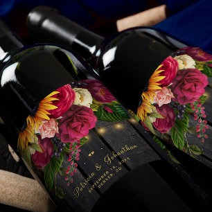 Rustic sunflower and roses personalised wedding wine label
