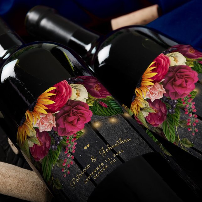 Rustic sunflower and roses personalised wedding wine label (Creator Uploaded)