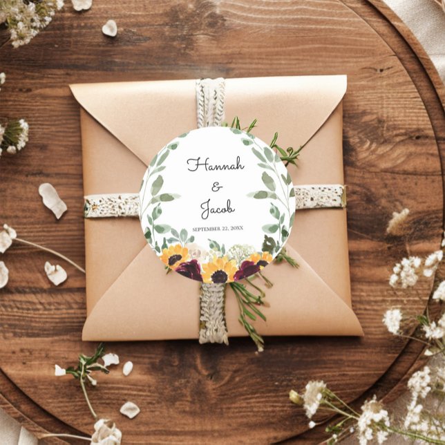 Rustic Sunflower and Roses Wedding Classic Round Sticker (Creator Uploaded)