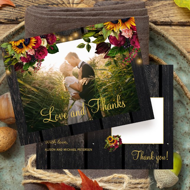 Rustic sunflower and roses wedding thank you postcard (Creator Uploaded)