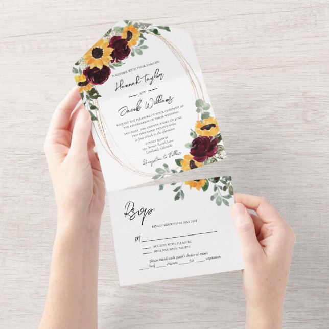 Rustic Sunflower and Roses with RSVP Wedding All In One Invitation (Tearaway)