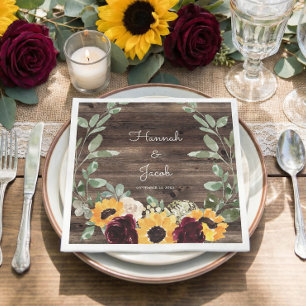 Rustic Sunflower and Roses Wood Wedding Paper Plat Napkin