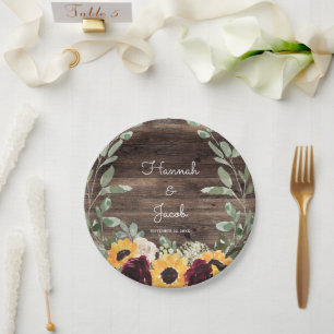 Rustic Sunflower and Roses Wood Wedding Paper Plate