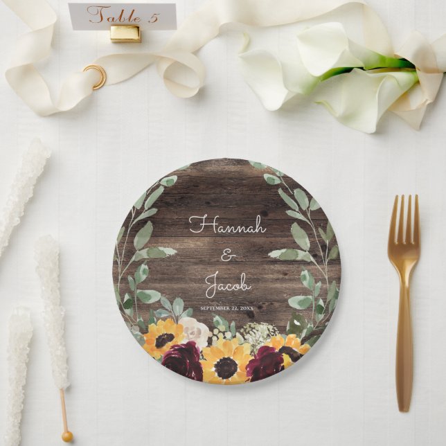 Rustic Sunflower and Roses Wood Wedding Paper Plate (Wedding)