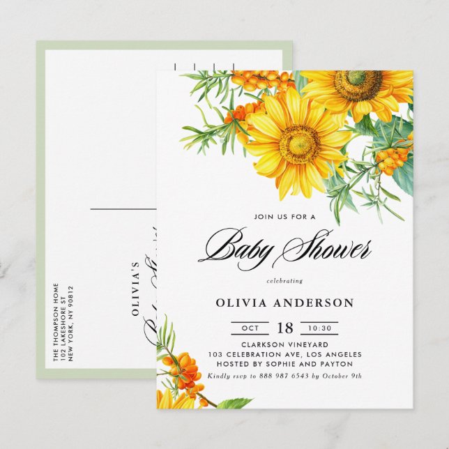Rustic Sunflower and Sea Buckthorn Baby Shower Invitation Postcard (Front/Back)