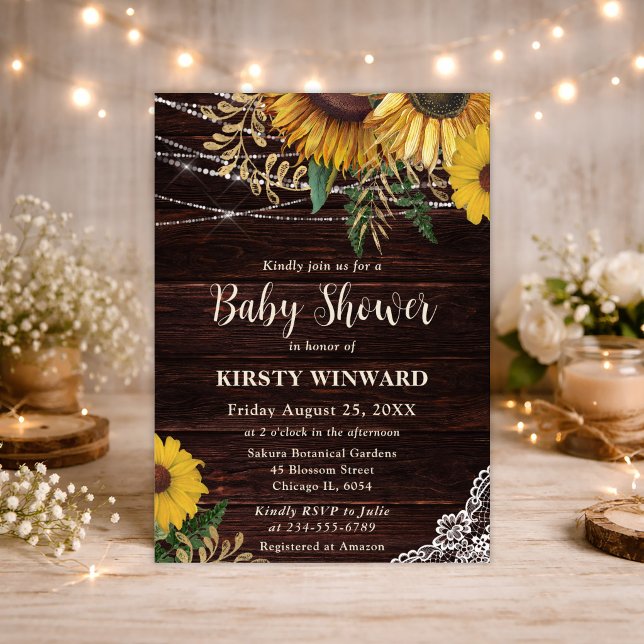 Rustic Sunflower and String Lights Baby Shower Invitation (Creator Uploaded)