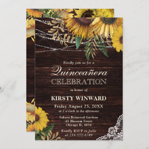 Rustic Sunflower and String Lights Quinceanera Invitation