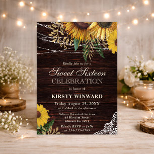 Rustic Sunflower and String Lights Sweet 16 Invitation
