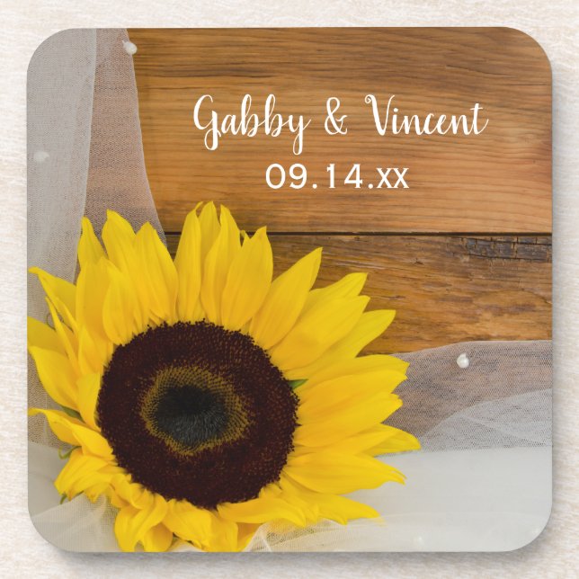 Rustic Sunflower and Veil Country Wedding Coaster (Front)