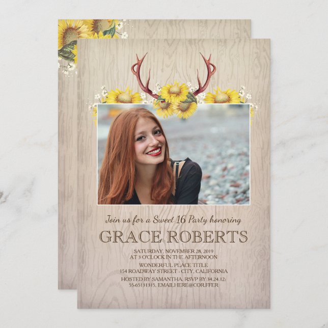 Rustic Sunflower Antlers | Sweet Sixteen Birthday Invitation (Front/Back)