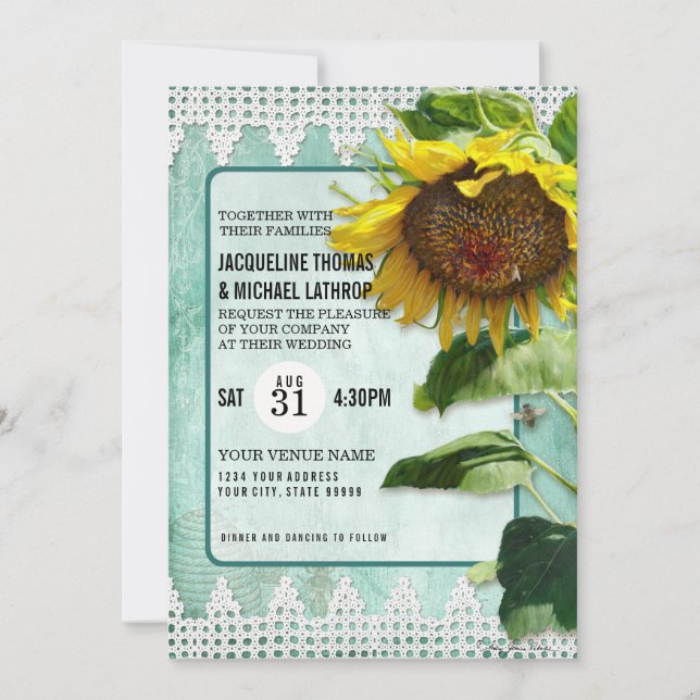 Rustic Sunflower Aqua Blue White Lace Garden Bees Invitation (Front)