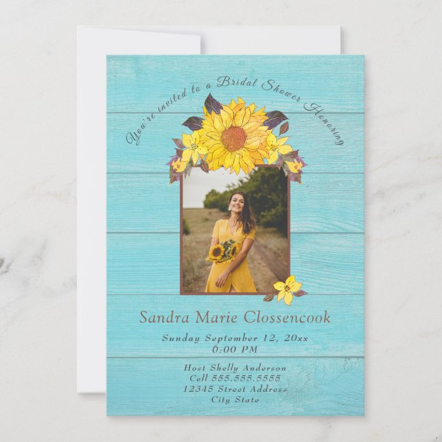 Rustic Sunflower Aqua Wood Wedding Bridal Shower I Invitation (Front)