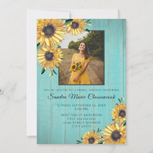Rustic Sunflower Aqua Wood Wedding Bridal Shower Invitation