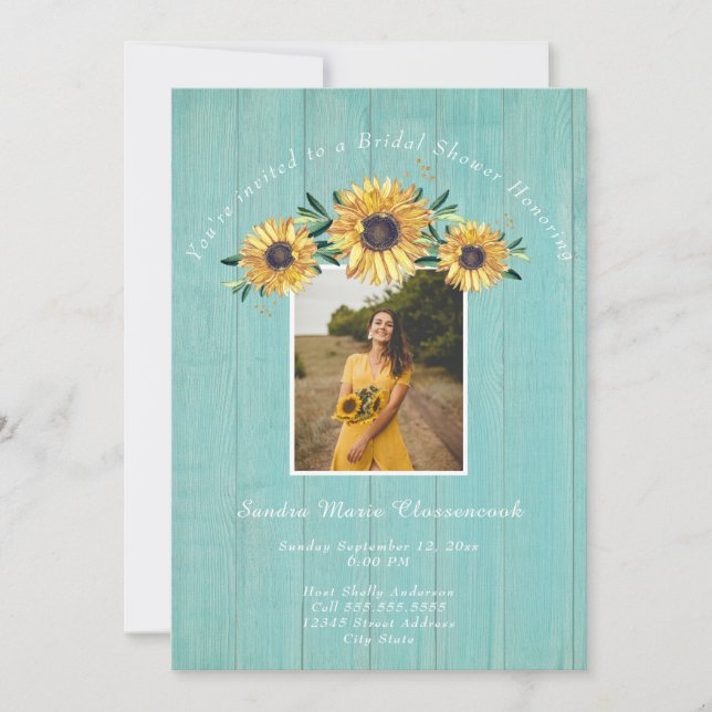 Rustic Sunflower Aqua Wood Wedding Bridal Shower   Invitation (Front)