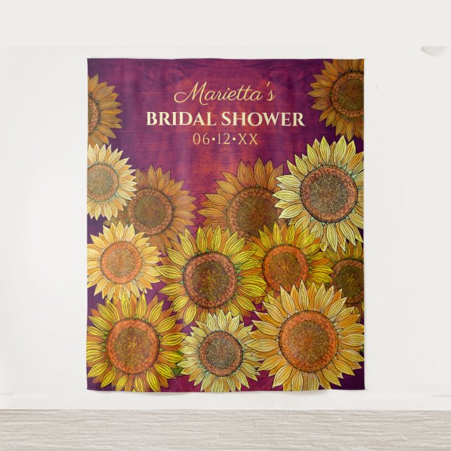 Rustic Sunflower Art Purple Bridal Shower Backdrop Tapestry (Front)