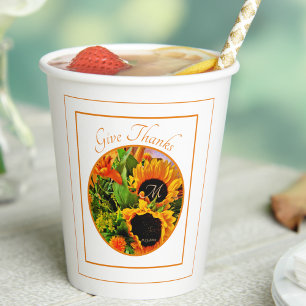 Rustic Sunflower Autumn Give Thanks Monogram Paper Cups