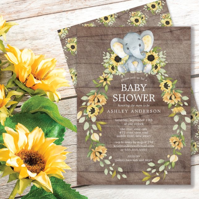 Rustic Sunflower & Baby Elephant Baby Shower Invitation (Creator Uploaded)