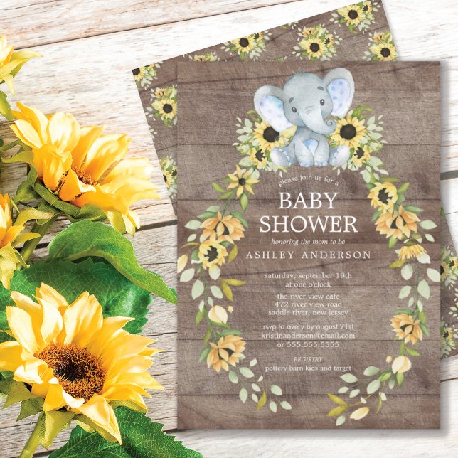 Rustic Sunflower & Baby Elephant Boys Baby Shower Invitation (Creator Uploaded)