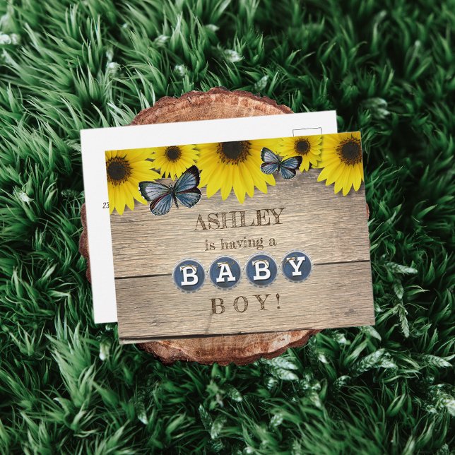 Rustic Sunflower Baby Shower Invitation | Boy Postcard (Creator Uploaded)