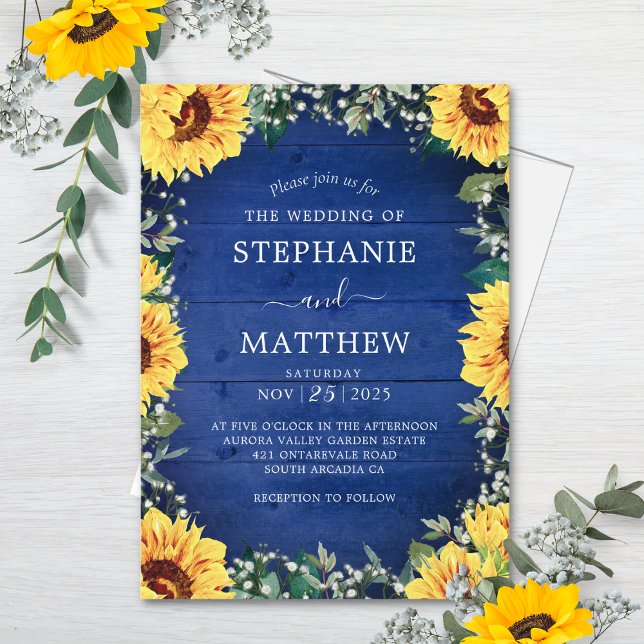Rustic Sunflower Babys Breath Border Blue Wedding Invitation (Creator Uploaded)