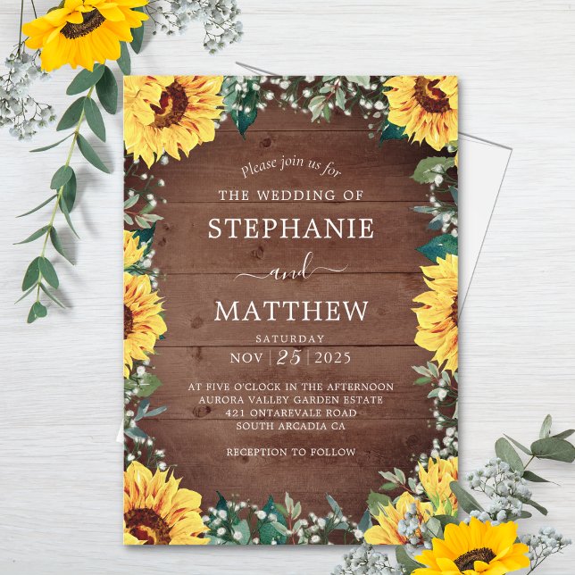 Rustic Sunflower Babys Breath Border Wood Wedding Invitation (Creator Uploaded)