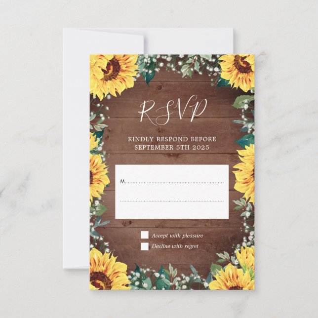 Rustic Sunflower Babys Breath Border Wood Wedding RSVP Card (Front)