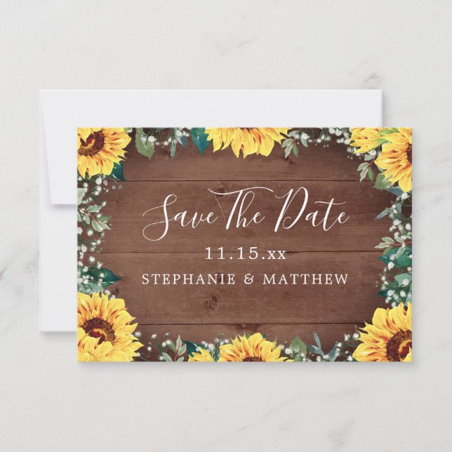 Rustic Sunflower Babys Breath Border Wood Wedding Save The Date (Front)
