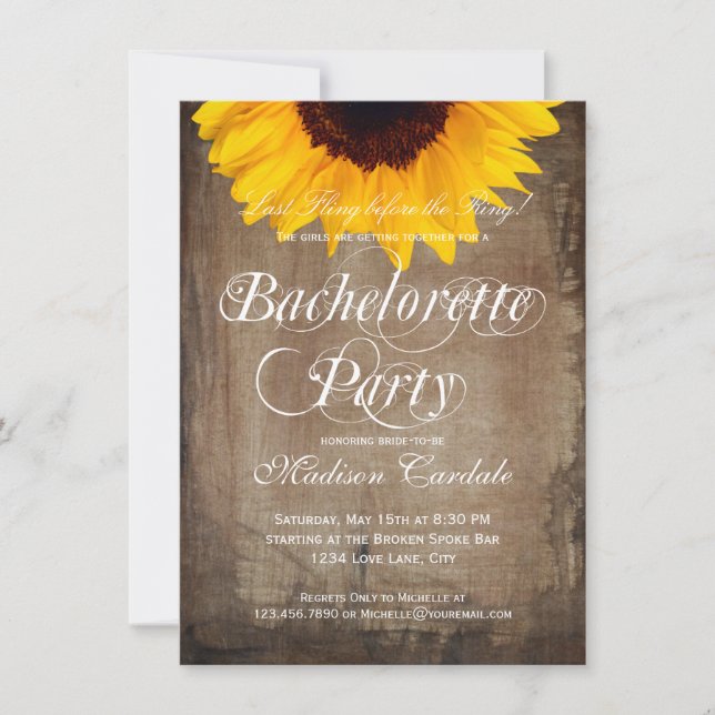 Rustic Sunflower Bachelorette Party Invitations (Front)