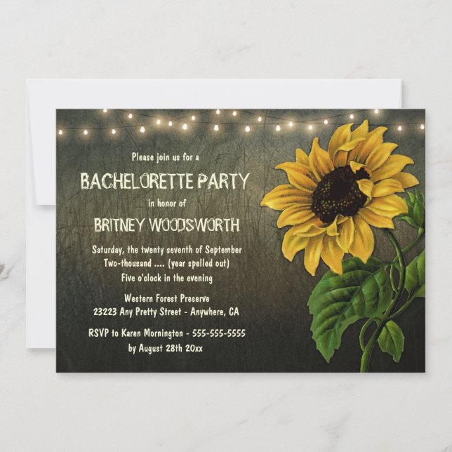 Rustic Sunflower Bachelorette Party Invitations (Front)