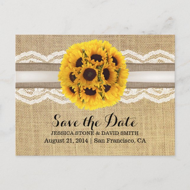 Rustic Sunflower Ball Lace & Burlap Save the Date Announcement Postcard (Front)