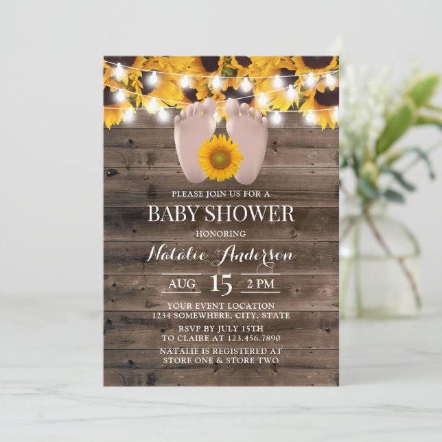 Rustic Sunflower Barn Wood Baby Feet Baby Shower I Invitation (Standing Front)