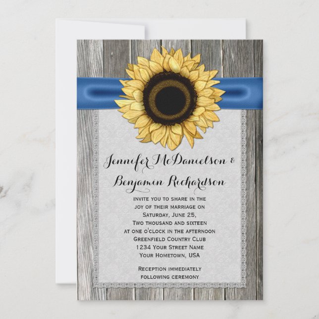 Rustic Sunflower Barn Wood Blue Ribbon Invitation (Front)