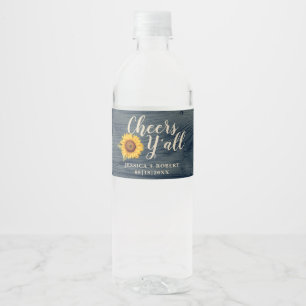 Rustic Sunflower Barn Wood Cheers Y'all Wedding Water Bottle Label