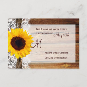 Rustic Sunflower Barn Wood Lace Wedding RSVP Cards