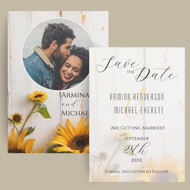 Rustic Sunflower Barn Wood Photo Save The Date (A rustic wedding save the sate card with sunflowers, white barn wood, and a photo.)