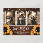 Rustic Sunflower Barn Wood Photo Save The Date Announcement Postcard<br><div class="desc">Gorgeous rustic wood and sunflower wedding save the date photo postcards featuring 3 photo frames with burlap and lace, string lights and sunflower flowers on a barn wood background. Perfect save the date postcards for your rustic country, backyard, or barn wedding party inspired by sunflowers. Easily personalise these sunflower save...</div>