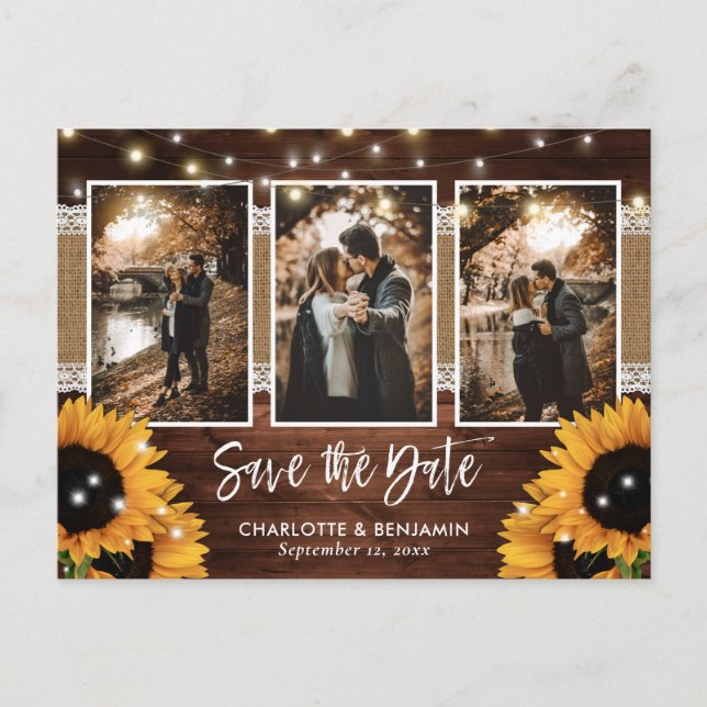 Rustic Sunflower Barn Wood Photo Save The Date Announcement Postcard (Front)