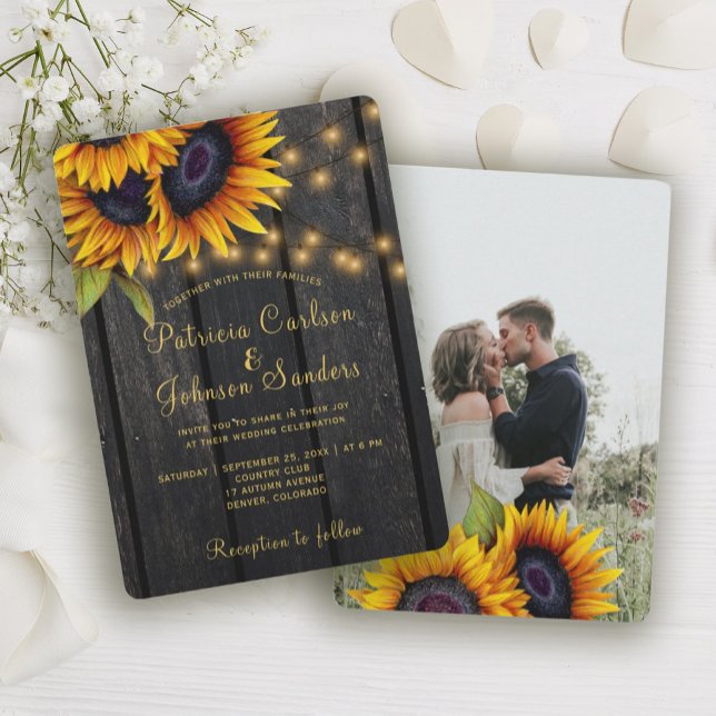 Rustic sunflower barn wood photo wedding invitation (Creator Uploaded)