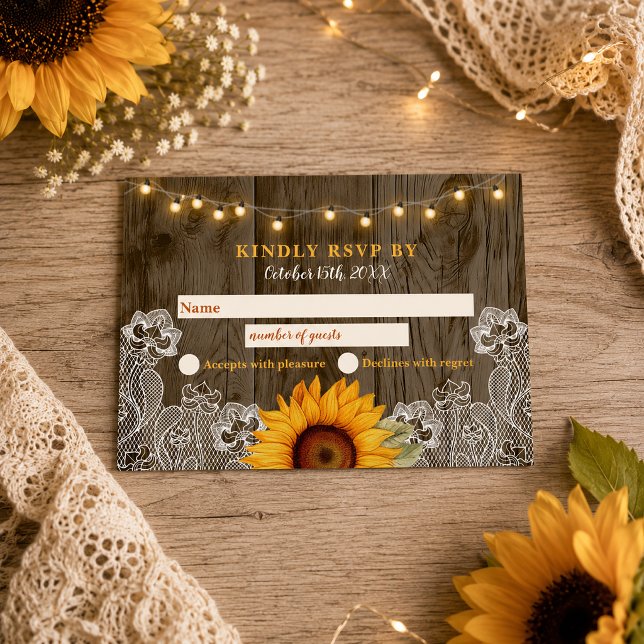 Rustic Sunflower Barn Wood String Lights Wedding Card (Rustic Sunflower Wedding RSVP Card)