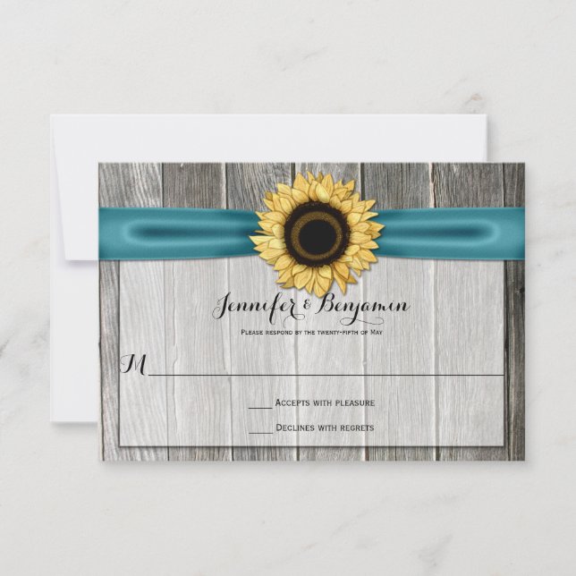 Rustic Sunflower Barn Wood Teal Ribbon RSVP (Front)