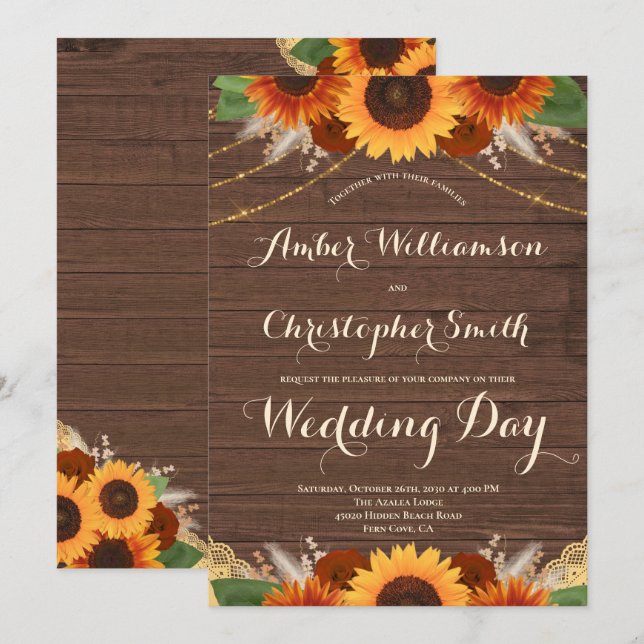 Rustic Sunflower Barn Wood Terracotta Rose Wedding Invitation (Front/Back)