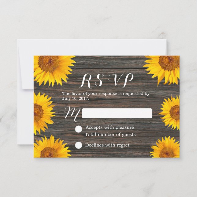 Rustic Sunflower Barn Wood Wedding RSVP Card (Front)