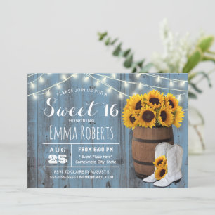 Rustic Sunflower Barrel Dusty Blue Barn Sweet 16 Invitation