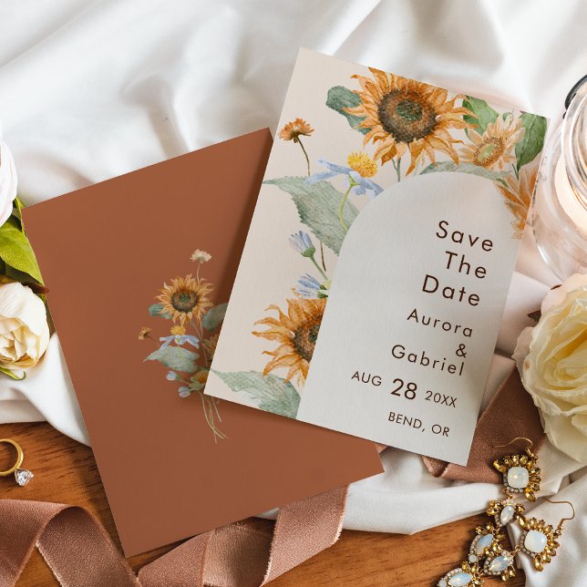 Rustic Sunflower Beige Arch Wedding Flat Save The Date (Creator Uploaded)