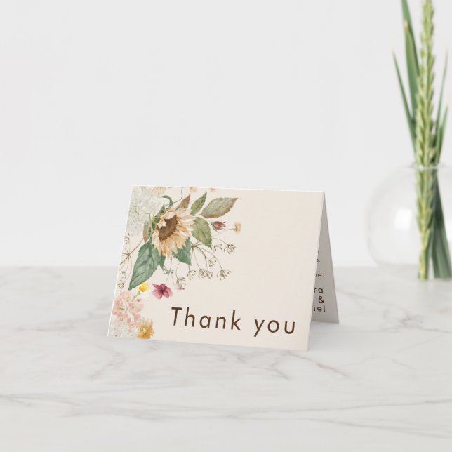 Rustic Sunflower Beige Wedding Folded Thank You Card (Front)